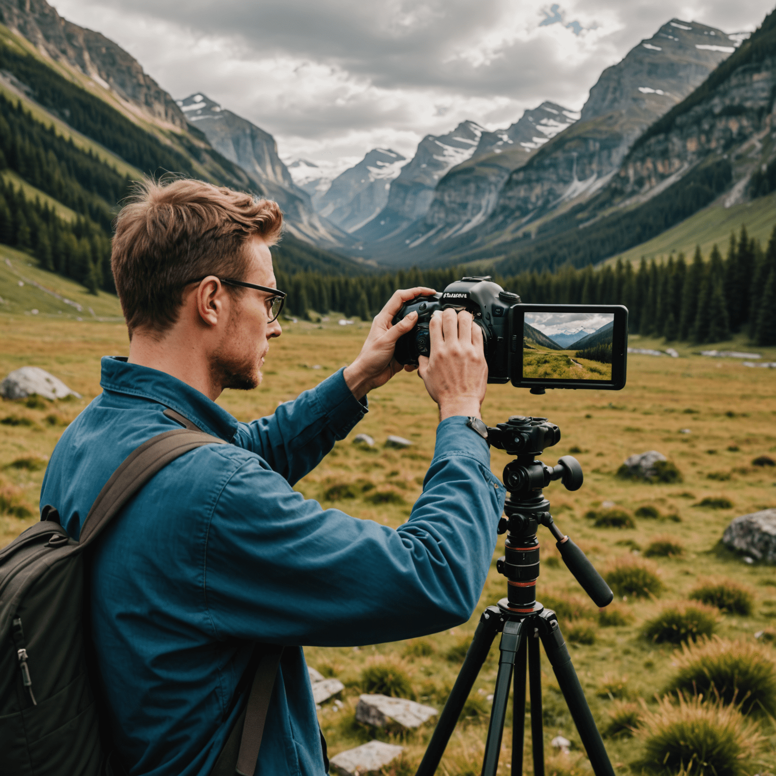 A beginner photographer adjusting camera settings while framing a scenic landscape shot