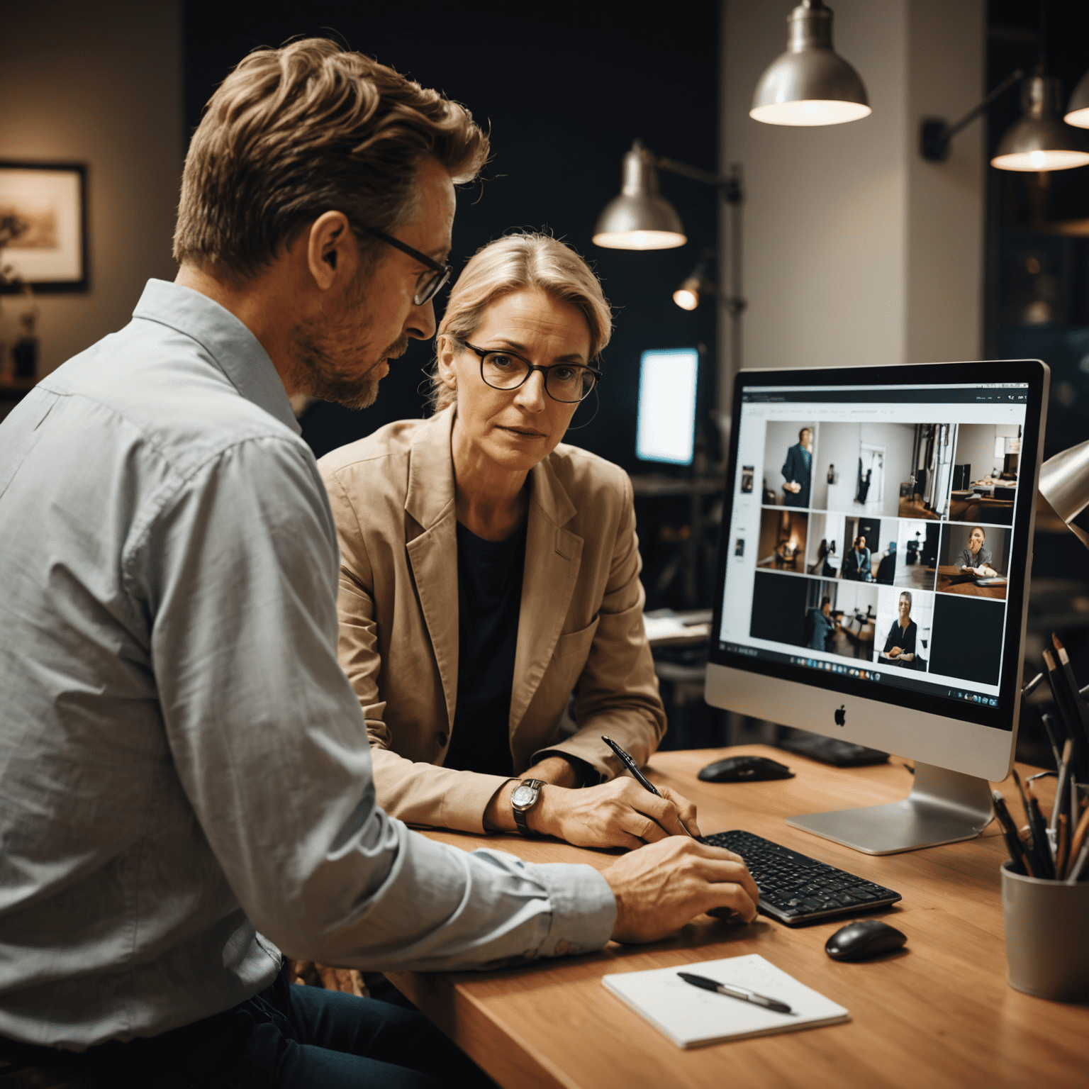 A warm, inviting image of a professional photographer consulting with a client, discussing photo compositions on a computer screen in a studio setting. The image conveys a sense of collaboration and expertise.