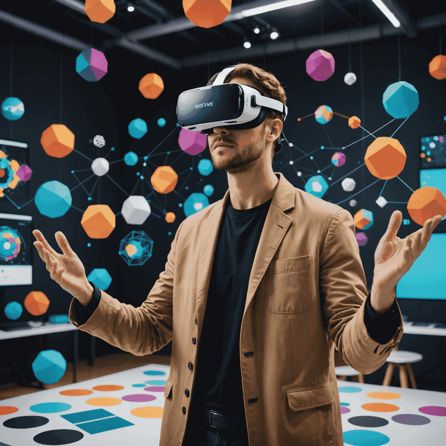 A designer wearing VR goggles, interacting with a 3D virtual design space filled with floating graphic elements and color palettes