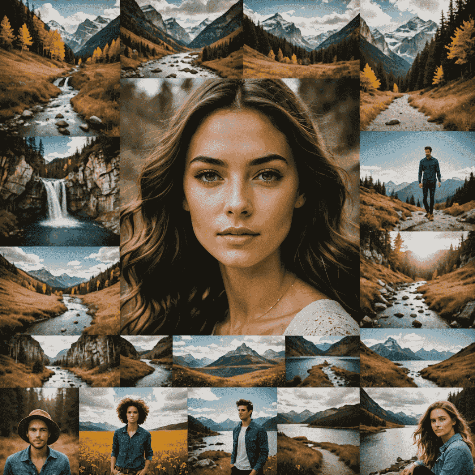 Collage of various edited photos showcasing different styles and techniques, including portrait retouching, product photography, and landscape enhancements