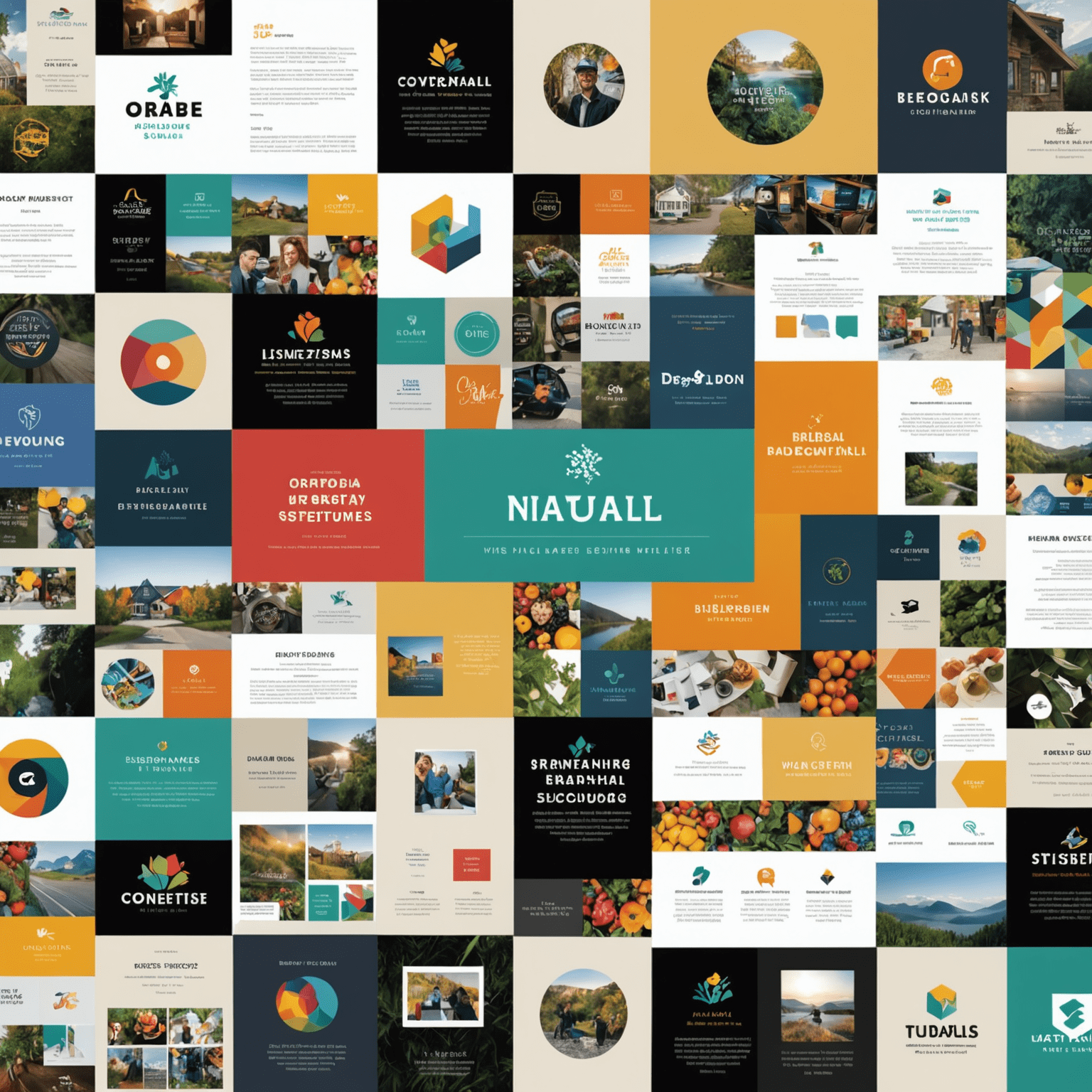 A collage showcasing various graphic design projects, including logos, brochures, and social media graphics. The image displays a range of styles and color schemes, emphasizing the versatility of the design services.