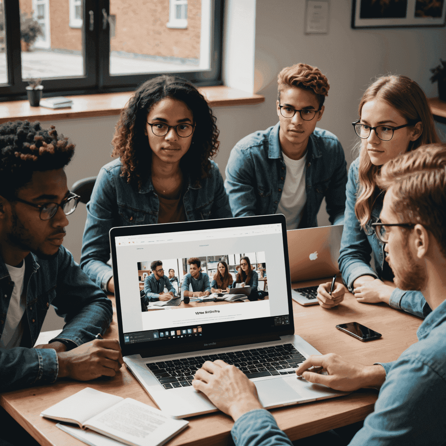 A diverse group of students watching an online tutorial on photo editing techniques, with their own laptops open and following along