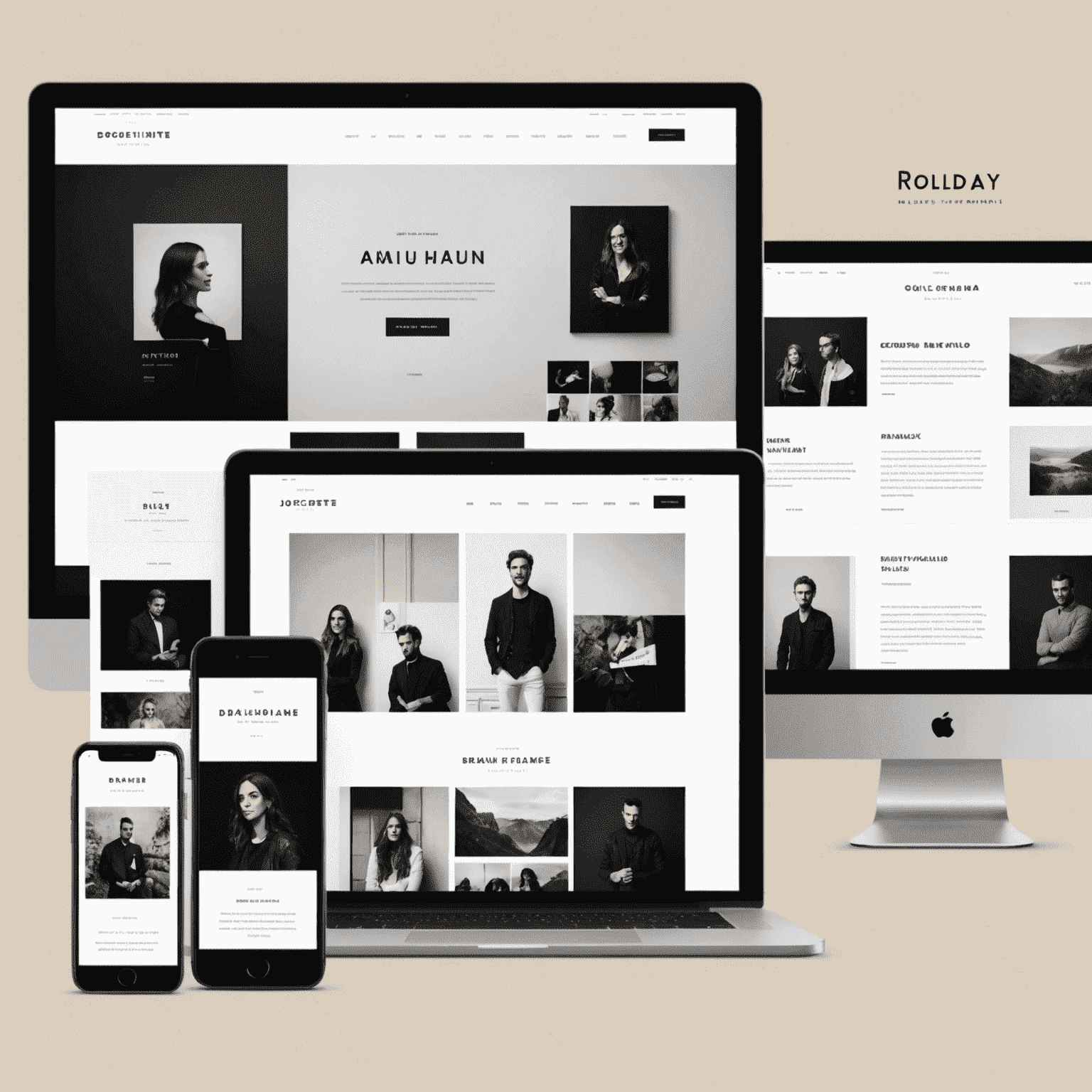 A sleek and modern online portfolio showcasing various photography styles and graphic design projects on different devices